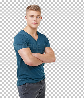 Buy stock photo Fashion, crossed arms and portrait of young man with positive, good and confident attitude with casual tshirt. Style, cool and male person from Australia isolated by transparent png background.