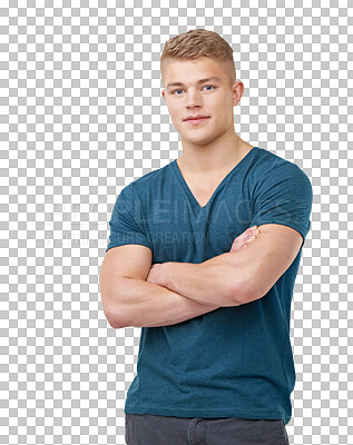 Buy stock photo Smile, crossed arms and portrait of young man with positive, good and confident attitude with casual tshirt. Happy, face and male person from Australia isolated by transparent png background.