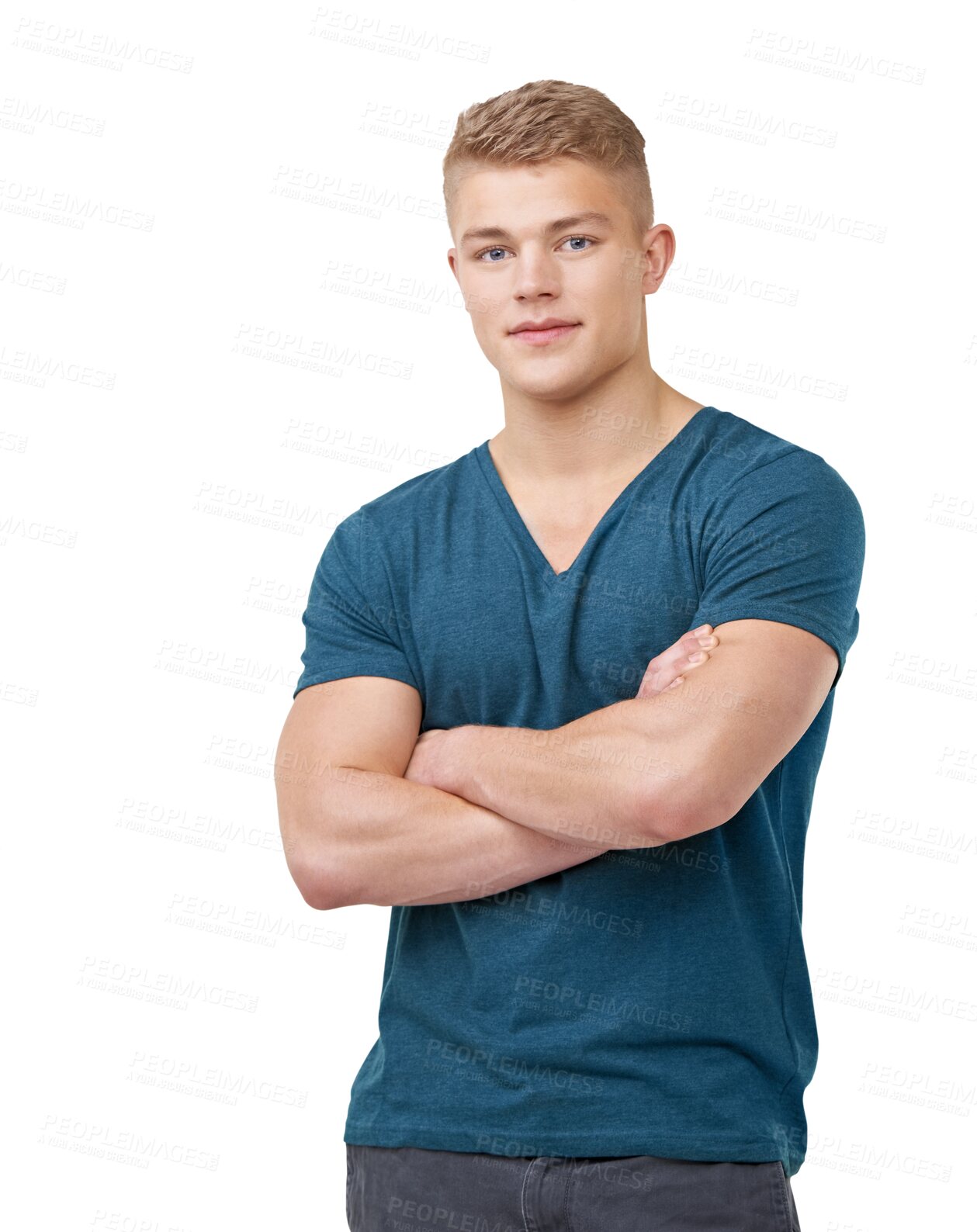 Buy stock photo Smile, crossed arms and portrait of young man with positive, good and confident attitude with casual tshirt. Happy, face and male person from Australia isolated by transparent png background.