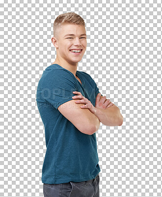 Buy stock photo Man, smile and confidence in portrait, face and pride for fashion, isolated and transparent png background. Male person, arms crossed and laughing for funny joke, comedy and silly humor or joyful