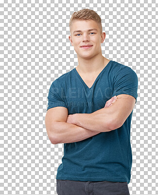 Buy stock photo Happy, crossed arms and portrait of young man with positive, good and confident attitude with casual tshirt. Smile, face and male person from Australia isolated by transparent png background.