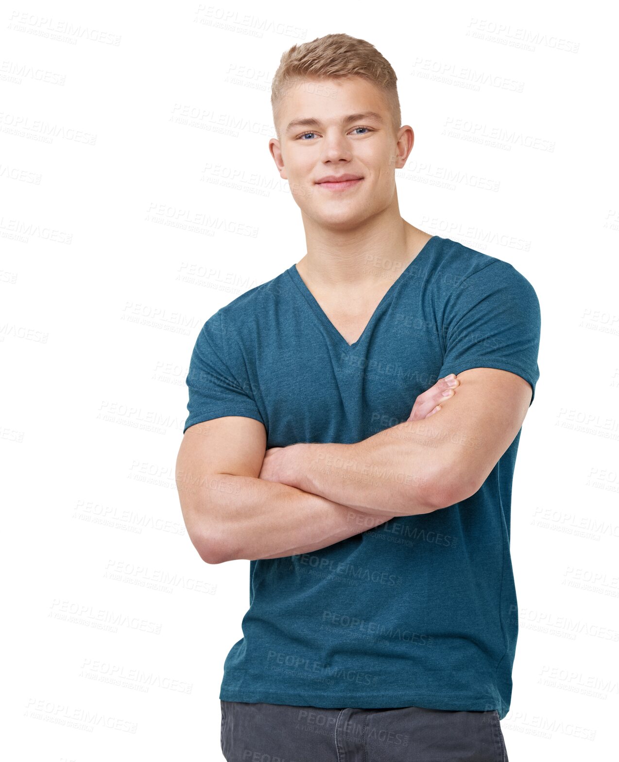 Buy stock photo Happy, crossed arms and portrait of young man with positive, good and confident attitude with casual tshirt. Smile, face and male person from Australia isolated by transparent png background.