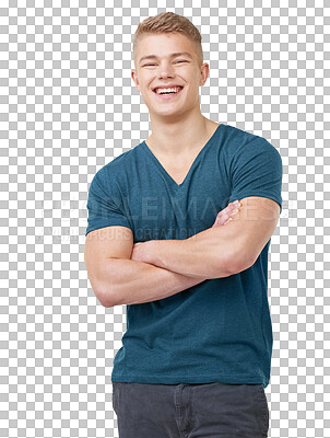 Buy stock photo Man, smile and confidence in portrait, happy and pride for fashion, isolated and transparent png background. Male person, arms crossed and laughing for funny joke, comedy and silly humor or playful