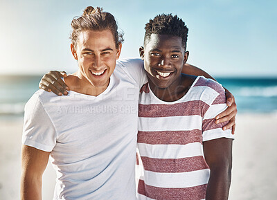 Buy stock photo Portrait of two happy young friends posing together on the beach