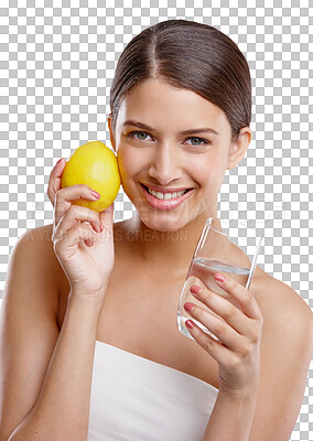 Buy stock photo Isolated woman, water and glass with lemon, portrait and smile for detox by transparent png background. Girl, model and happy with fruit, nutrition or diet for skincare, beauty or liquid for wellness