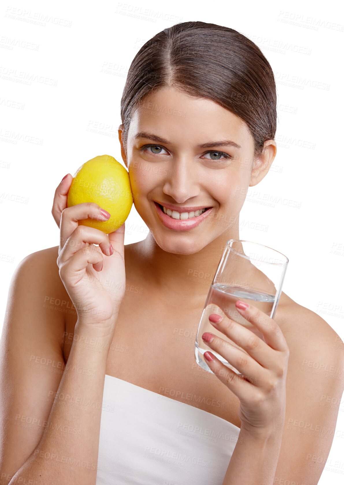 Buy stock photo Isolated woman, water and glass with lemon, portrait and smile for detox by transparent png background. Girl, model and happy with fruit, nutrition or diet for skincare, beauty or liquid for wellness