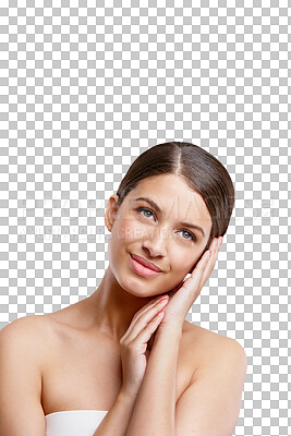 Buy stock photo Skincare, natural beauty and hands of woman isolated on a transparent png background. Cosmetics, touch face and person in facial treatment, healthy aesthetic and smooth skin, dermatology and wellness