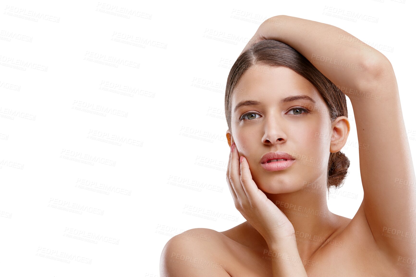Buy stock photo Isolated woman, beauty and skincare in portrait for health, glow and natural by transparent png background. Girl, model and touch with facial transformation, cosmetics and skin change for wellness