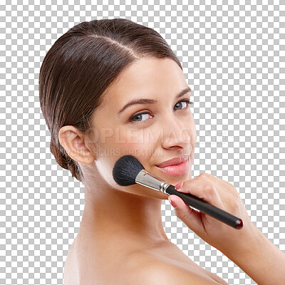 Buy stock photo Makeup, beauty and portrait of woman with brush on isolated, png and transparent background. Dermatology, cosmetology and face of person with tools for cosmetics, blush application and foundation