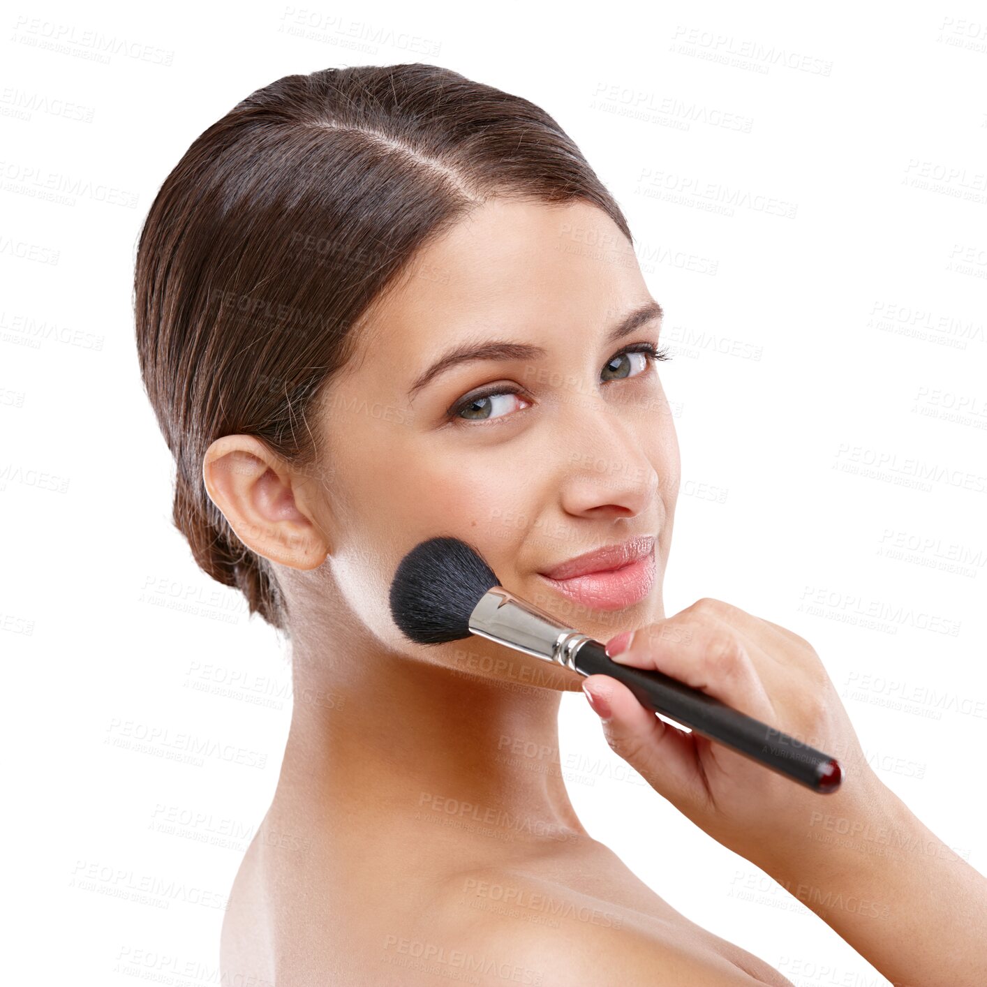 Buy stock photo Makeup, beauty and portrait of woman with brush on isolated, png and transparent background. Dermatology, cosmetology and face of person with tools for cosmetics, blush application and foundation