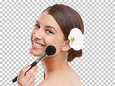 Buy stock photo Makeup, brush and portrait of woman with flower on isolated, png and transparent background. Dermatology, cosmetology and face of happy person for natural cosmetics, beauty application and foundation