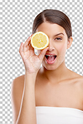 Buy stock photo Isolated woman, portrait and lemon on eye, detox or health choice by transparent png background. Girl, model or happy for fruit, nutrition or diet for skincare, beauty or cosmetic change for wellness