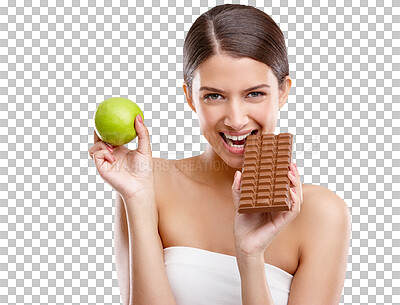 Buy stock photo Isolated woman, bite chocolate and apple in portrait for choice, eating or sweets by transparent png background. Girl, model and decision for nutrition, candy and fruits for wellness, diet and health