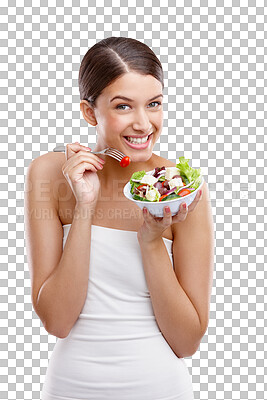 Buy stock photo Isolated woman, salad and smile in portrait for choice, eating and wellness by transparent png background. Vegan model, girl and person with vegetables, fruit and happy for diet, nutrition and food