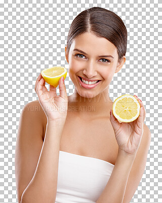 Buy stock photo Isolated woman, portrait and lemon with smile, detox or health choice by transparent png background. Girl, model or happy for fruit, nutrition or diet for skincare, beauty or cosmetics for wellness