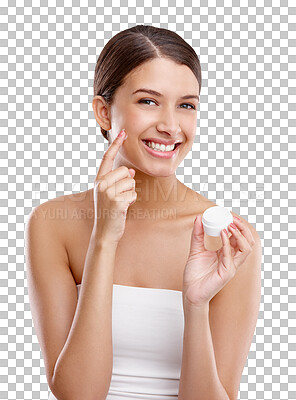 Buy stock photo Skincare, beauty and portrait of woman with cream on isolated, png and transparent background. Dermatology, salon aesthetic and face of person moisturizer, facial creme and lotion for cosmetics