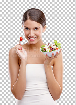 Buy stock photo Isolated woman, salad and happy in portrait for choice, eating and wellness by transparent png background. Vegan model, girl and person with vegetables, fruit and smile for diet, nutrition and food