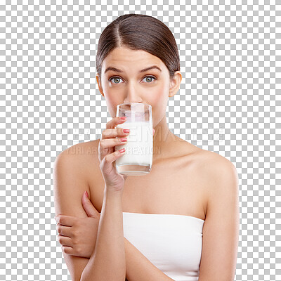 Buy stock photo Isolated woman, glass and milk in portrait for diet, calcium and wellness by transparent png background. Girl, model and nutrition with vanilla milkshake, protein shake or liquid for health benefits