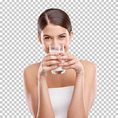 Buy stock photo Isolated woman, drink and milk in portrait for diet, calcium and wellness by transparent png background. Girl, model and nutrition with vanilla milkshake, protein shake or happy for health benefits