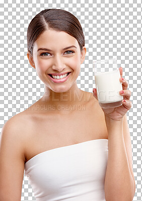 Buy stock photo Isolated woman, milk and smile in portrait for diet, calcium and wellness by transparent png background. Girl, model and nutrition with vanilla milkshake, protein shake or happy for health benefits