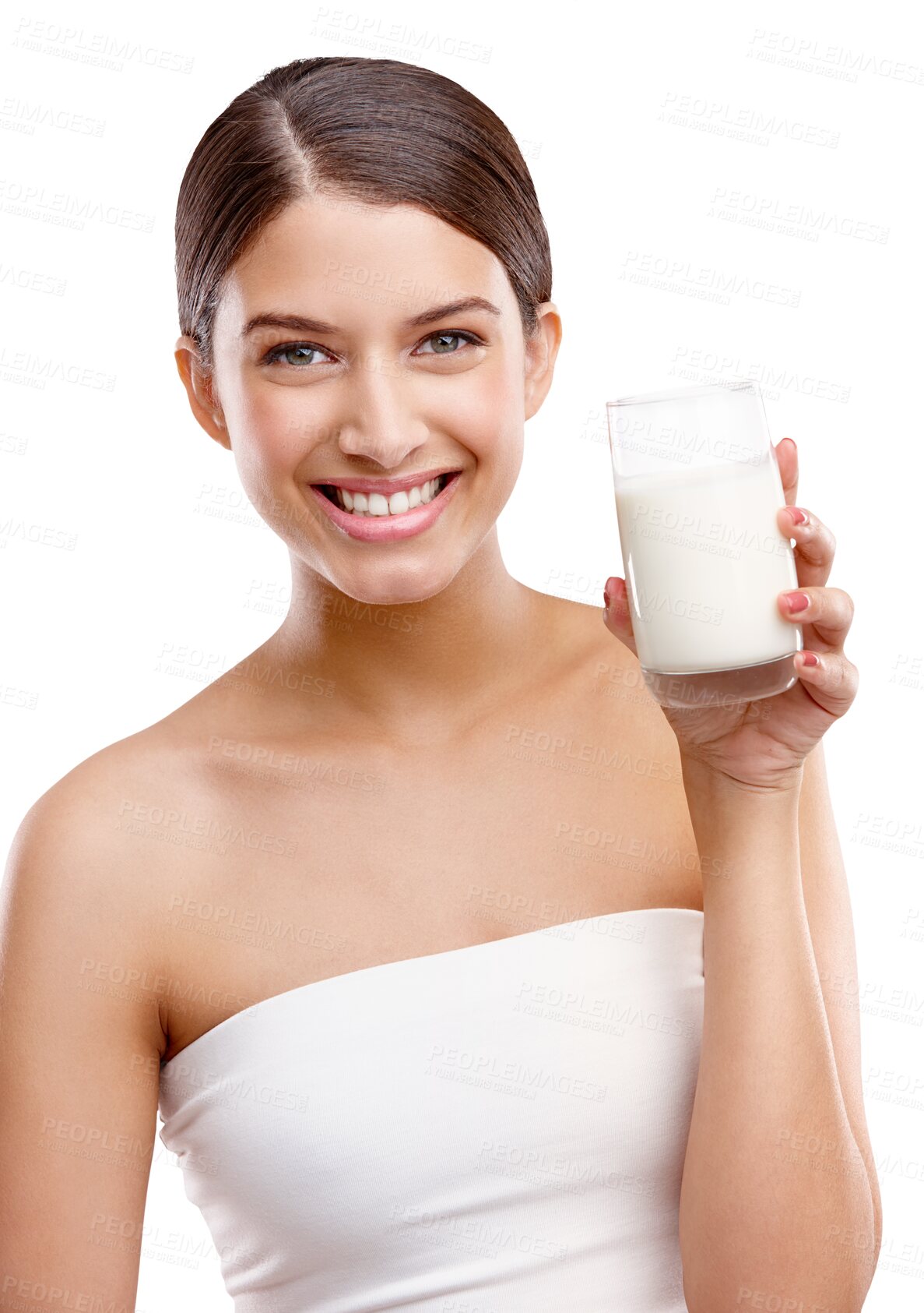 Buy stock photo Isolated woman, milk and smile in portrait for diet, calcium and wellness by transparent png background. Girl, model and nutrition with vanilla milkshake, protein shake or happy for health benefits