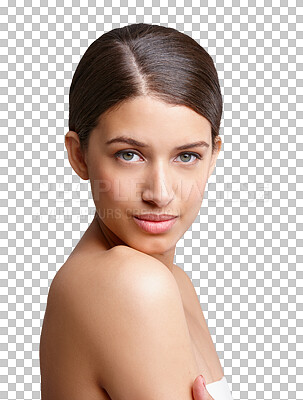 Buy stock photo Skincare, beauty portrait and natural woman isolated on a transparent png background. Cosmetics, serious face and young person in spa facial treatment, healthy skin and shine for wellness or bodycare