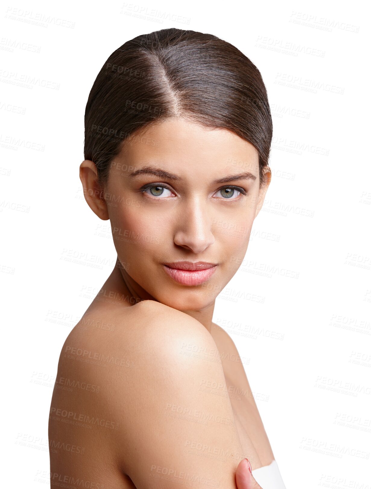 Buy stock photo Skincare, beauty portrait and natural woman isolated on a transparent png background. Cosmetics, serious face and young person in spa facial treatment, healthy skin and shine for wellness or bodycare