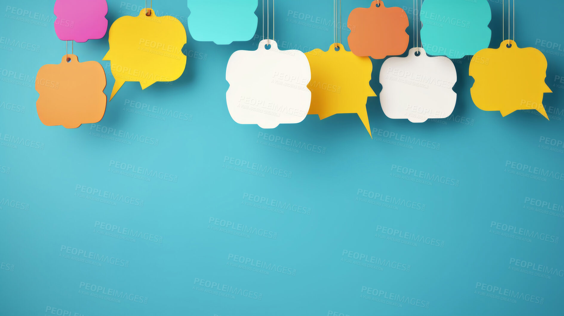 Buy stock photo Colorful hanging speech bubbles. Social media notification chat icon. Copyspace dialogue box