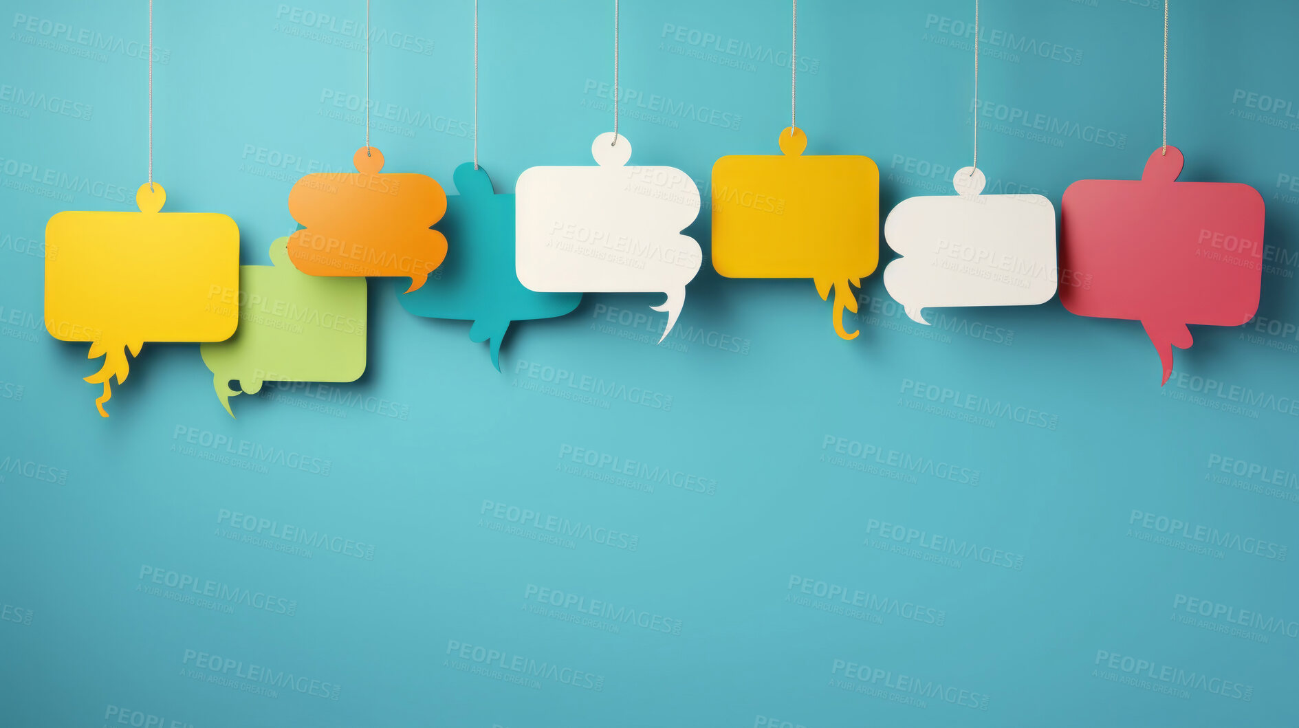 Buy stock photo Colorful hanging speech bubbles. Social media notification chat icon. Copyspace dialogue box