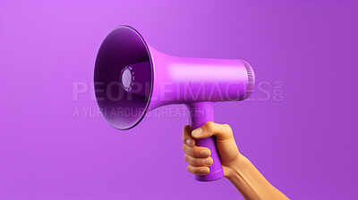 Hand holding purple megaphone. Marketing, sales and promotion announcement.