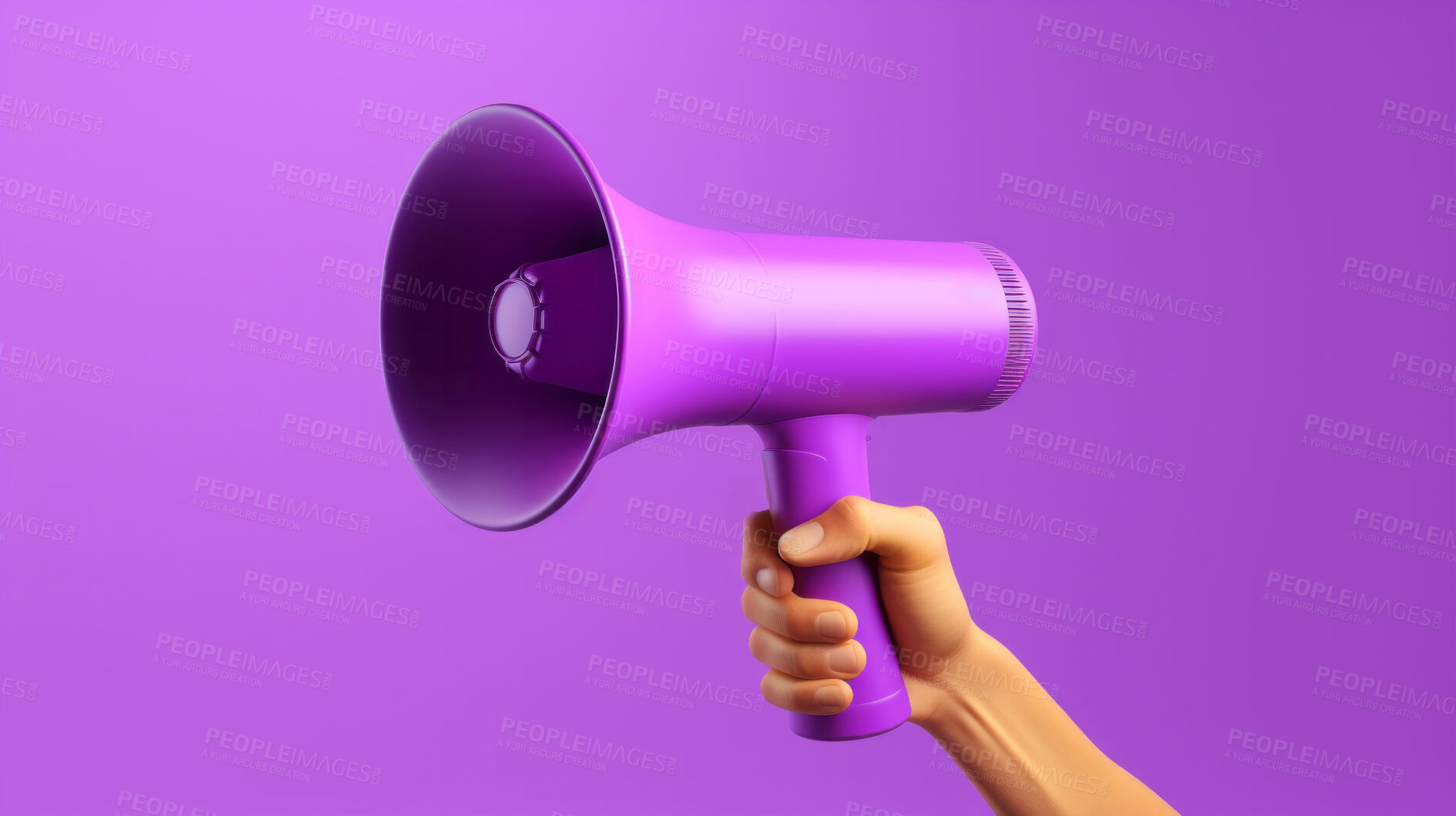 Buy stock photo Hand holding purple megaphone. Marketing, sales and promotion announcement.