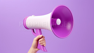 Hand holding purple megaphone. Marketing, sales and promotion announcement.