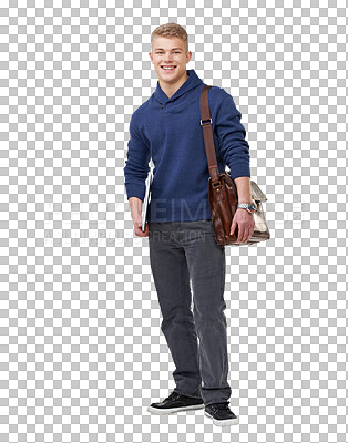 Buy stock photo Laptop, student and portrait of man with bag on isolated, png and transparent background. Education, university and happy person with computer for learning, academic course and knowledge at college 