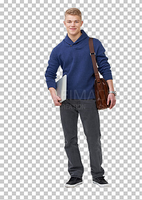 Buy stock photo Laptop, university and portrait of man with bag on isolated, png and transparent background. Education, student and happy person with computer for learning, academic course and knowledge at college 