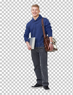 Buy stock photo Laptop, university and portrait of student with bag on isolated, png and transparent background. Education, registration and man with computer for learning, academic class and knowledge at college