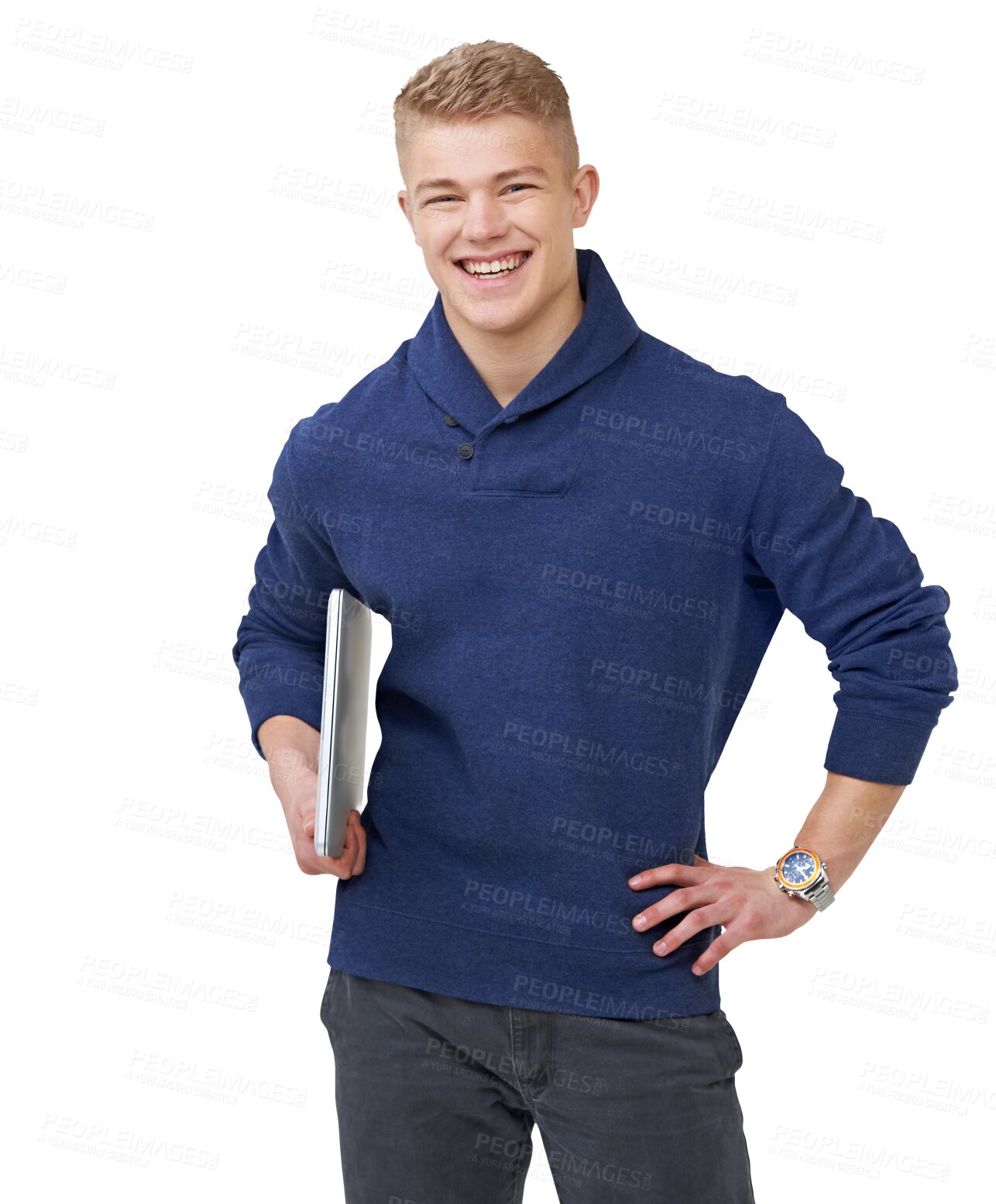 Buy stock photo Laptop, student and portrait of man for university on isolated, png and transparent background. Education, college and happy person with computer for online learning, academic course and knowledge