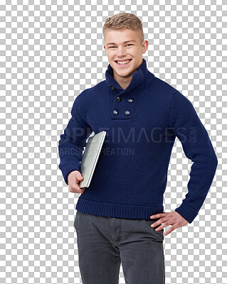 Buy stock photo Laptop, happy and portrait of student for university on isolated, png and transparent background. Education, college course and man with computer for online learning, academic classes and knowledge