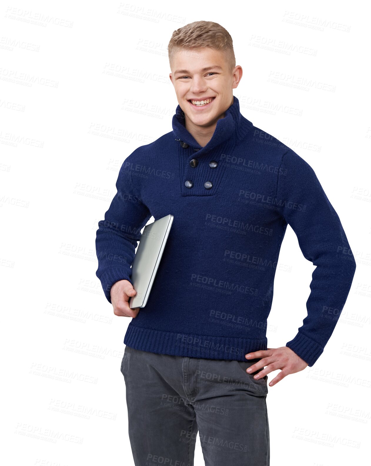 Buy stock photo Laptop, happy and portrait of student for university on isolated, png and transparent background. Education, college course and man with computer for online learning, academic classes and knowledge