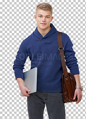 Buy stock photo Laptop, college and portrait of student with bag on isolated, png and transparent background. Education, university and person with computer for online learning, academy registration and knowledge