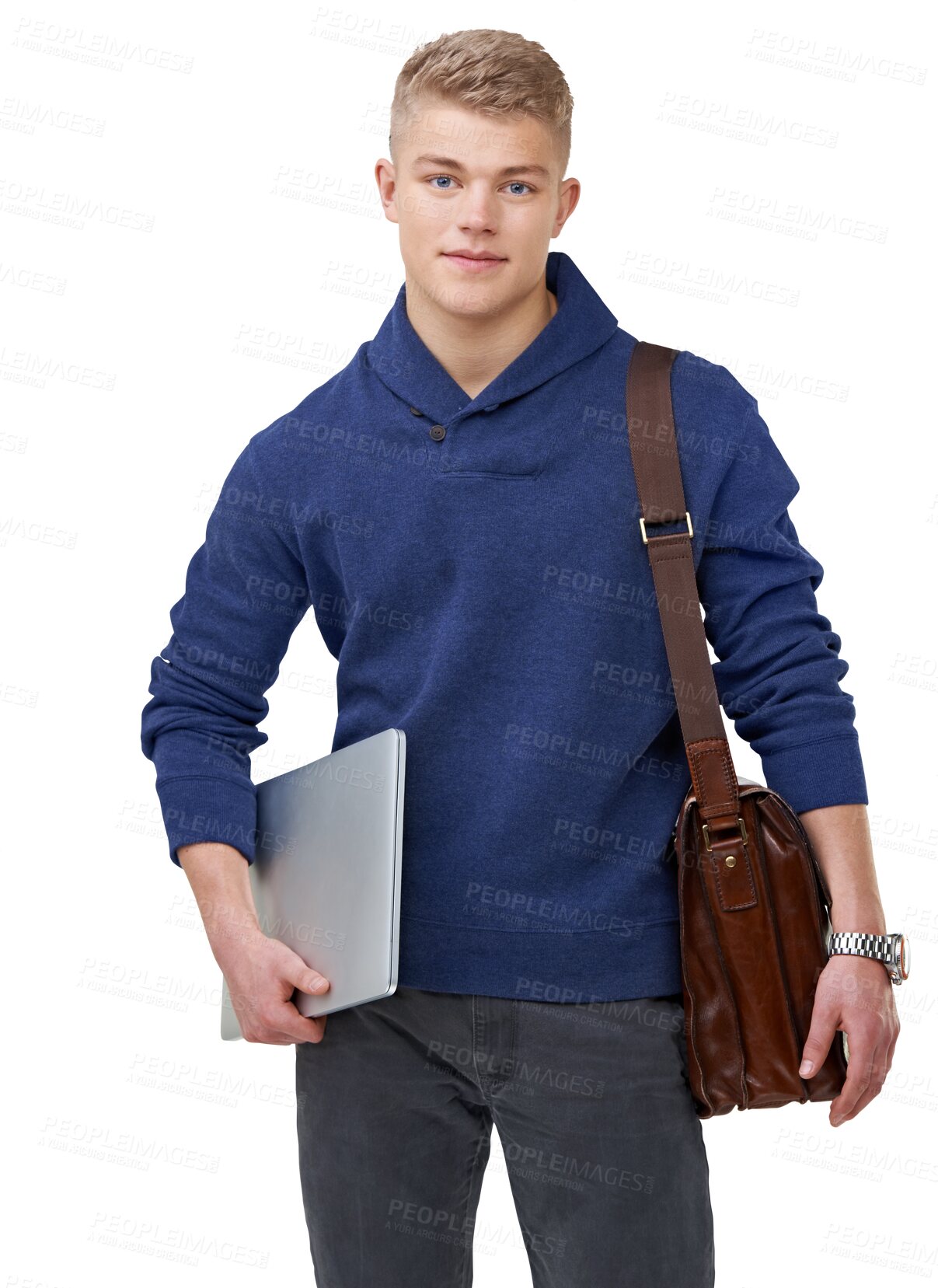 Buy stock photo Laptop, college and portrait of student with bag on isolated, png and transparent background. Education, university and person with computer for online learning, academy registration and knowledge