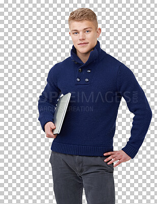 Buy stock photo Laptop, education and portrait of student for university on isolated, png and transparent background. Academy, college and person with computer for online learning, class registration and knowledge