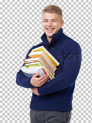 Buy stock photo Education, university and portrait of happy man with books on isolated, transparent or png background. Learning, knowledge or student face with study notebook, growth or upskill training literature