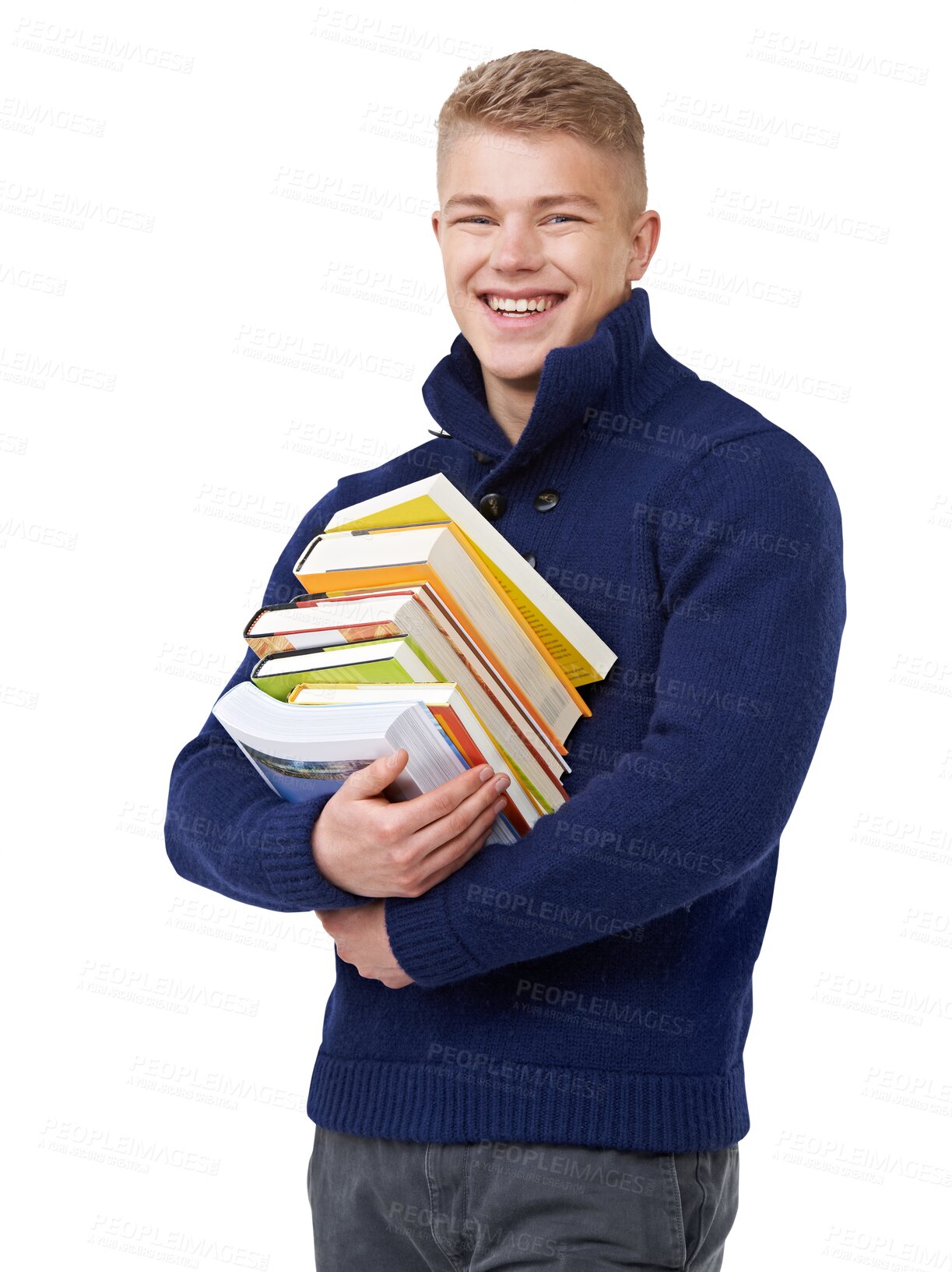 Buy stock photo Education, university and portrait of happy man with books on isolated, transparent or png background. Learning, knowledge or student face with study notebook, growth or upskill training literature