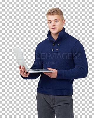 Buy stock photo Laptop, research and portrait of man on isolated, transparent or png background. E learning, university and face of young male student with online course info, application or college registration