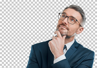 Buy stock photo Business, thinking and man with ideas, planning and brainstorming isolated on transparent background. Person, employee or entrepreneur with opportunity, decision or choice with png, emoji or question