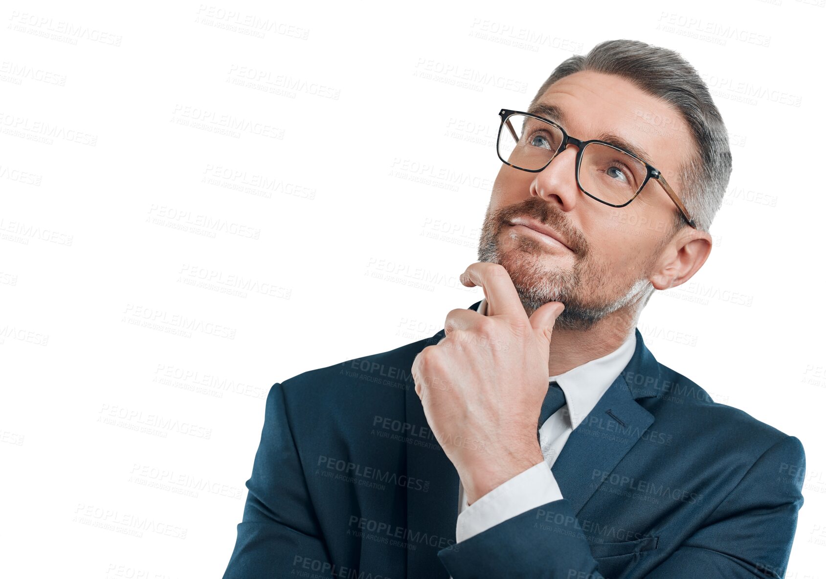 Buy stock photo Business, thinking and man with ideas, planning and brainstorming isolated on transparent background. Person, employee or entrepreneur with opportunity, decision or choice with png, emoji or question