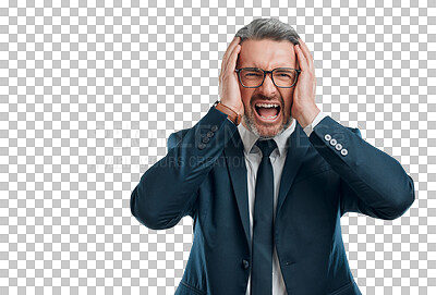 Buy stock photo Shout, frustrated and portrait of business man on isolated, png and transparent background. Stress, corporate and face of male worker upset, screaming and angry for crisis, work problem and burnout