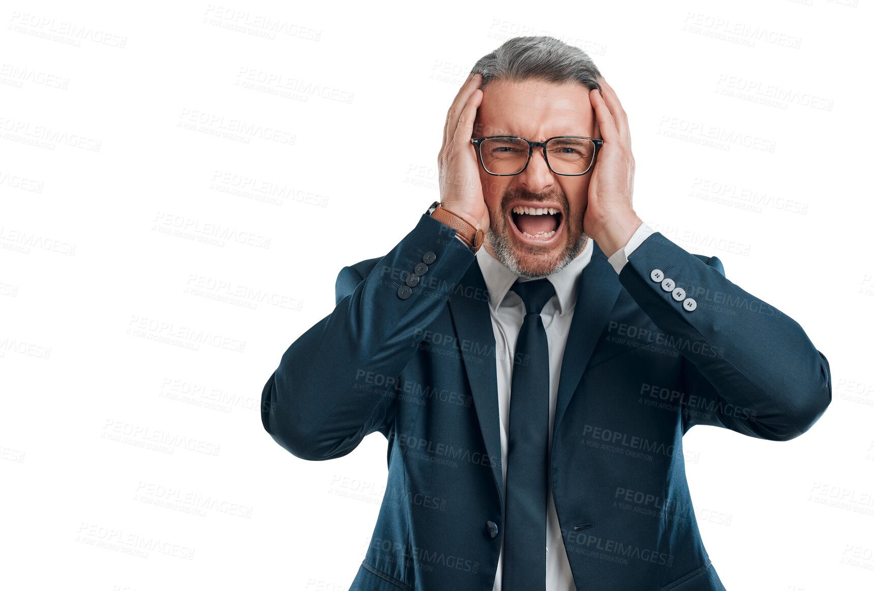 Buy stock photo Shout, frustrated and portrait of business man on isolated, png and transparent background. Stress, corporate and face of male worker upset, screaming and angry for crisis, work problem and burnout