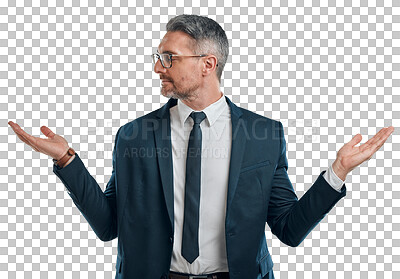 Buy stock photo Decision, thinking and business man with hands on isolated, png and transparent background. Questions, corporate and confused worker with gesture for brainstorming options, choice and solutions