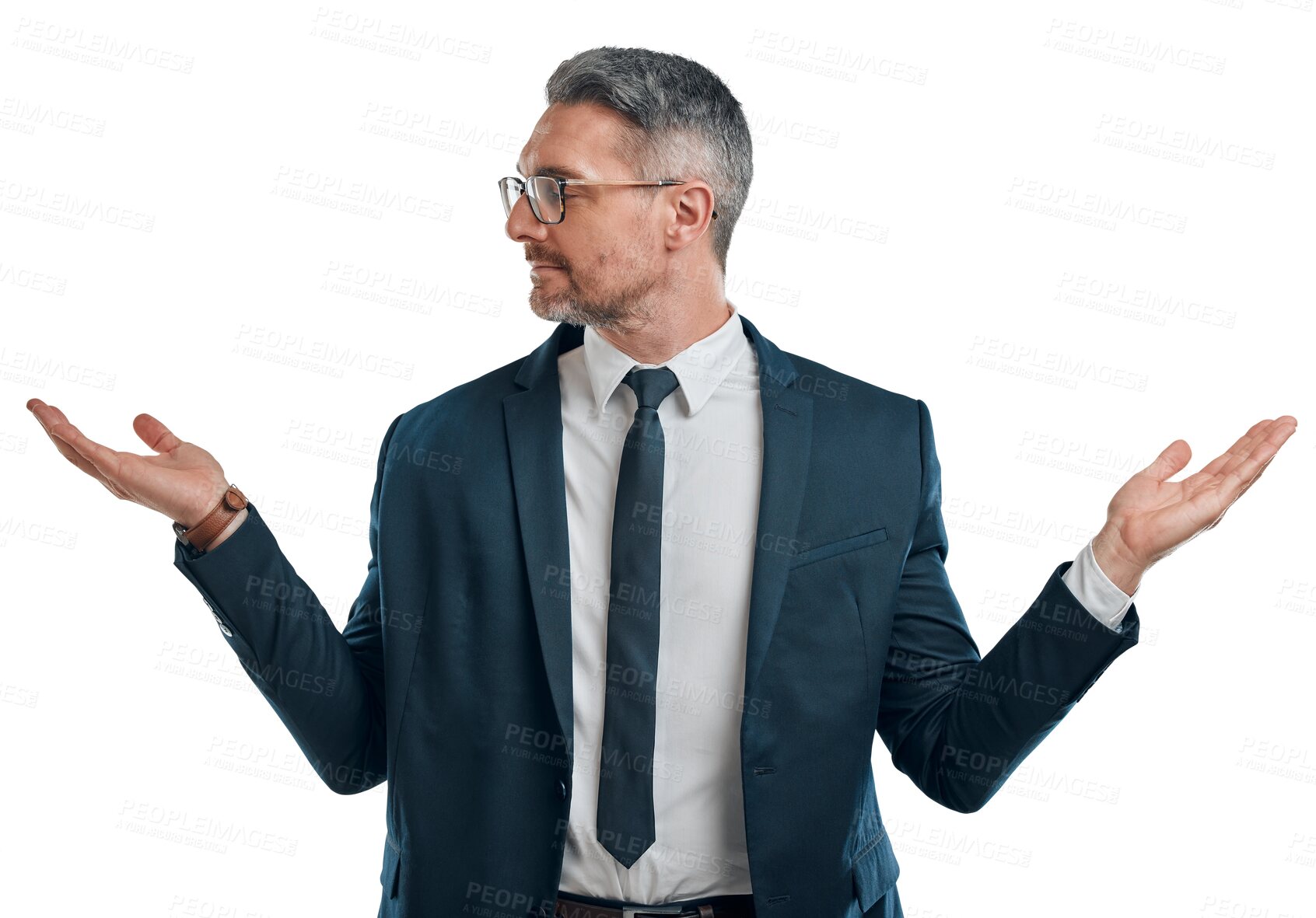 Buy stock photo Decision, thinking and business man with hands on isolated, png and transparent background. Questions, corporate and confused worker with gesture for brainstorming options, choice and solutions